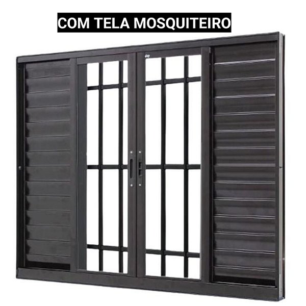 Janela veneziana alumínio preto 6 folhas com grade vidro liso incolor com tela mosquiteiro - jap caribe max