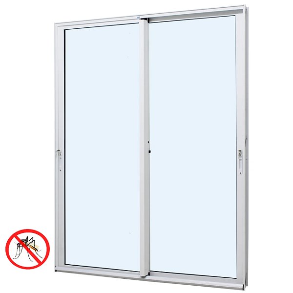 Porta de correr alumínio branco 2 folhas móveis vidro liso incolor temperado 6mm com fechadura com tela mosquiteiro - jap caribe max