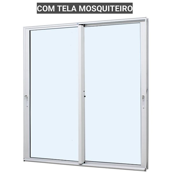 Porta de correr alumínio branco 2 folhas móveis vidro liso incolor temperado 6mm com fechadura com tela mosquiteiro - jap caribe max