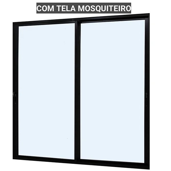 Porta de correr alumínio preto 2 folhas móveis vidro liso incolor temperado 6mm com fechadura com tela mosquiteiro - jap caribe max