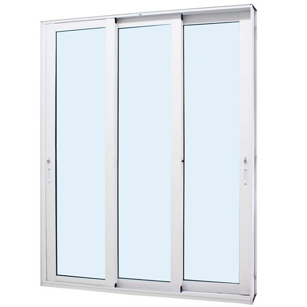 Porta de correr alumínio branco 3 folhas móveis vidro liso incolor temperado 6mm com fechadura - linha 30 jap perfecta max