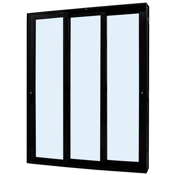 Porta de correr alumínio preto 3 folhas móveis vidro liso incolor temperado 6mm com fechadura - linha 30 jap perfecta max