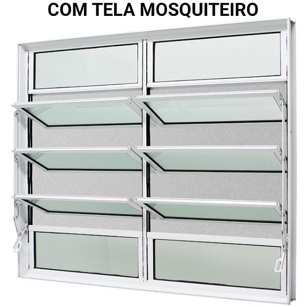 Janela basculante alumínio branco duas seções vidro mini boreal com tela mosquiteiro jap caribe max