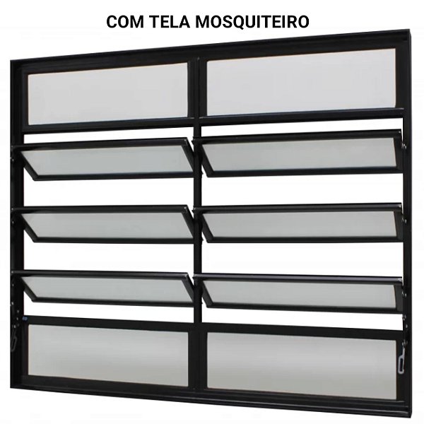Janela basculante alumínio preto duas seções vidro mini boreal com tela mosquiteiro jap caribe max