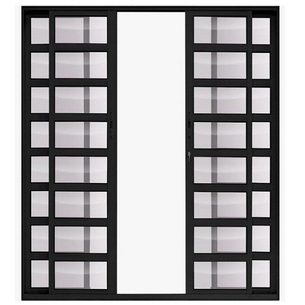 Porta de correr alumínio preto 4 folhas com travessa vidro liso incolor com fechadura linha 25