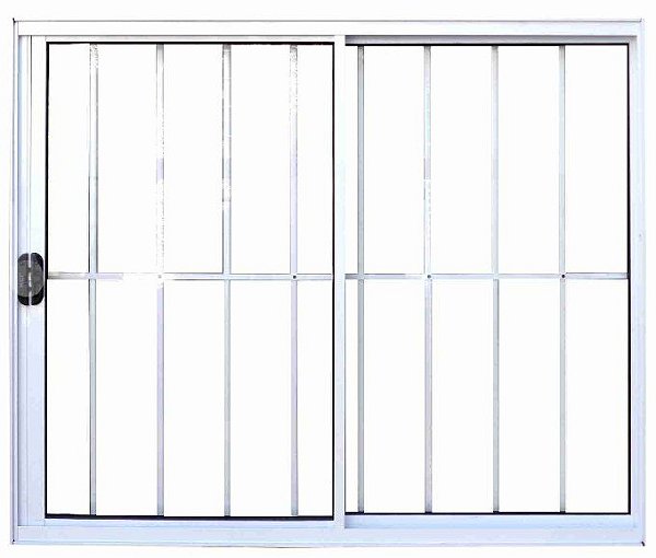 Janela de correr alumínio branco 2 folhas uma fixa com grade vidro liso incolor - linha modular lux esquadrias