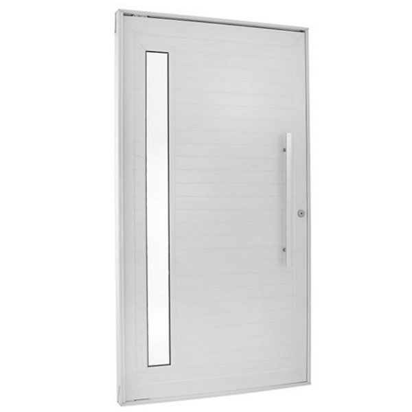 Porta pivotante alumínio branco com puxador fechadura rolete e visor vidro mini boreal linha 30 topsul esquadrisul