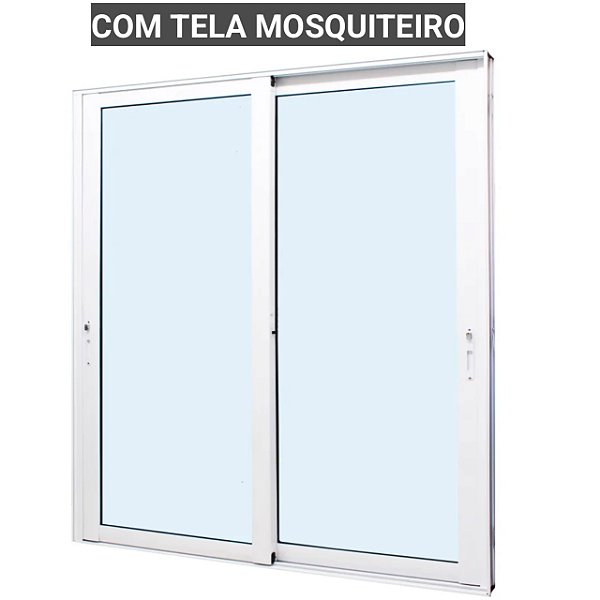 Porta de correr alumínio branco 2 folhas móveis vidro liso incolor temperado 6mm com fechadura com tela mosquiteiro jap perfecta max