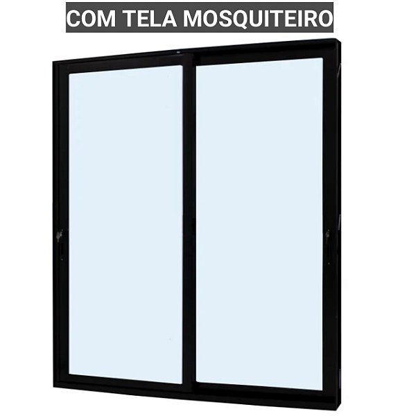 Porta de correr alumínio preto 2 folhas móveis vidro liso incolor temperado 6mm com fechadura com tela mosquiteiro jap perfecta max