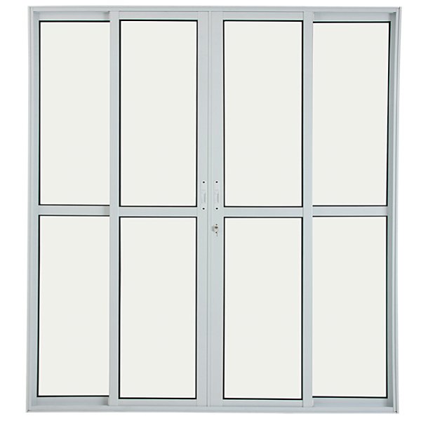 Porta de correr alumínio branco 4 folhas vidro liso incolor com fechadura - linha 25
