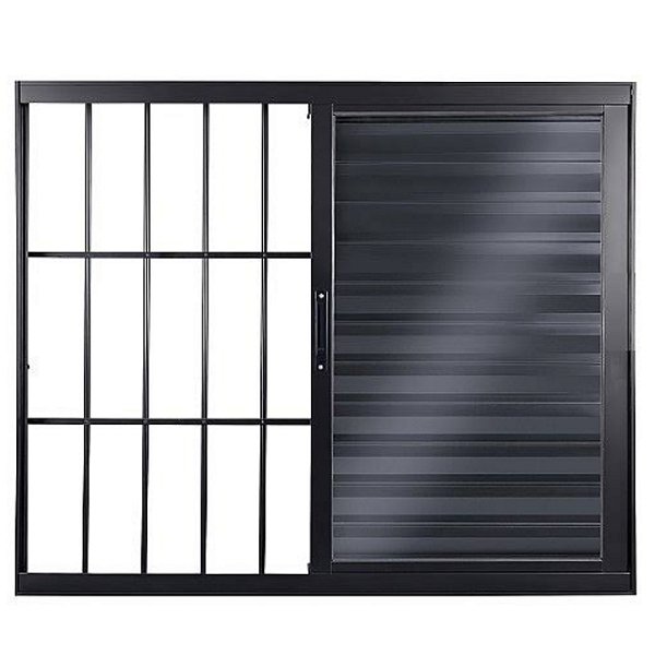 Janela veneziana alumínio preto 3 folhas móveis com grade vidro liso incolor linha 25