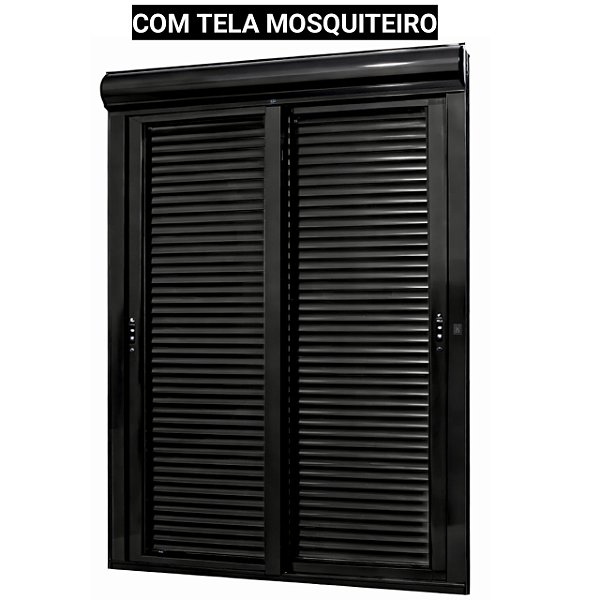Porta com persiana integrada alumínio preto vidro temperado 6mm acionamento por interruptor com tela mosquiteiro - jap caribe max