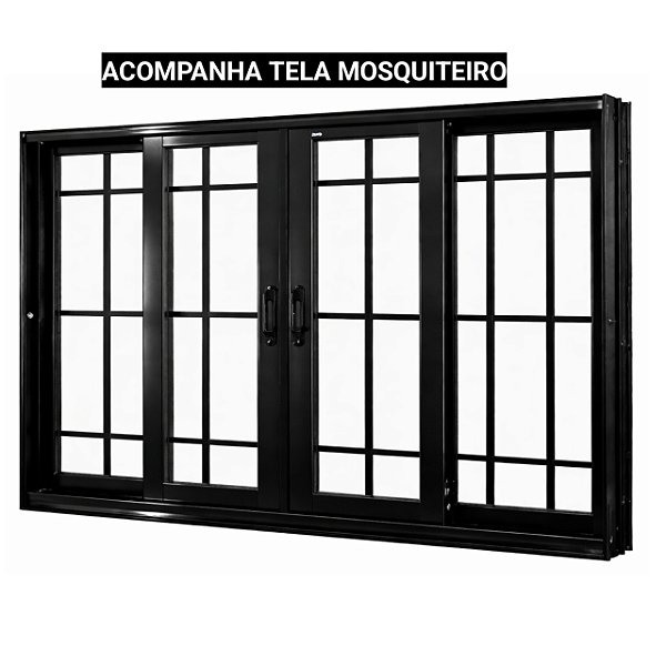 Janela de correr alumínio preto 4 folhas com grade vidro liso incolor com tela mosquiteiro jap perfecta max