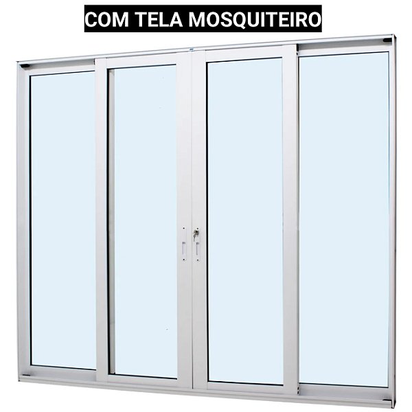 Porta de correr alumínio branco 4 folhas vidro temperado 6mm com fechadura com tela mosquiteiro - jap perfecta max