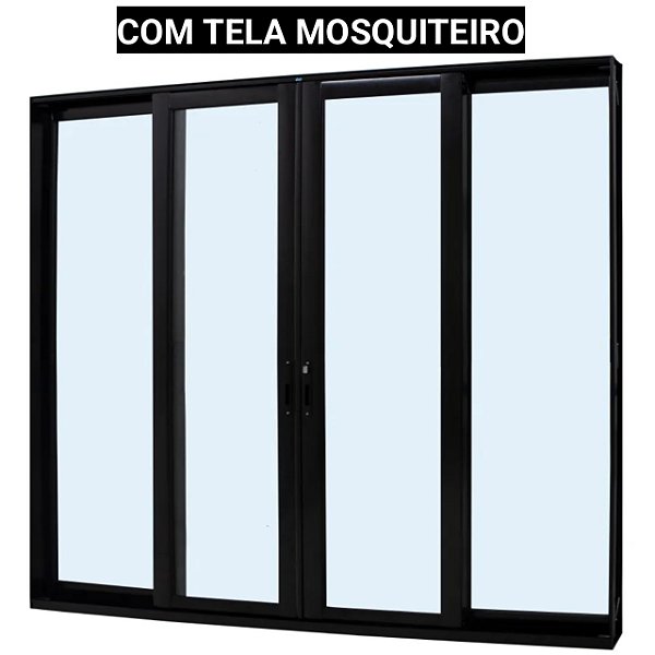 Porta de correr alumínio preto 4 folhas vidro temperado 6mm com fechadura com tela mosquiteiro - jap perfecta max