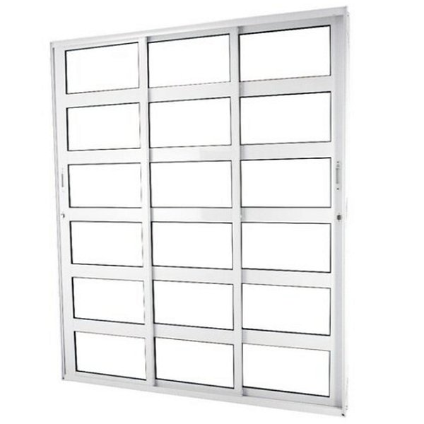 Porta de correr alumínio branco 3 folhas móveis com travessa vidro liso incolor com fechadura linha 25