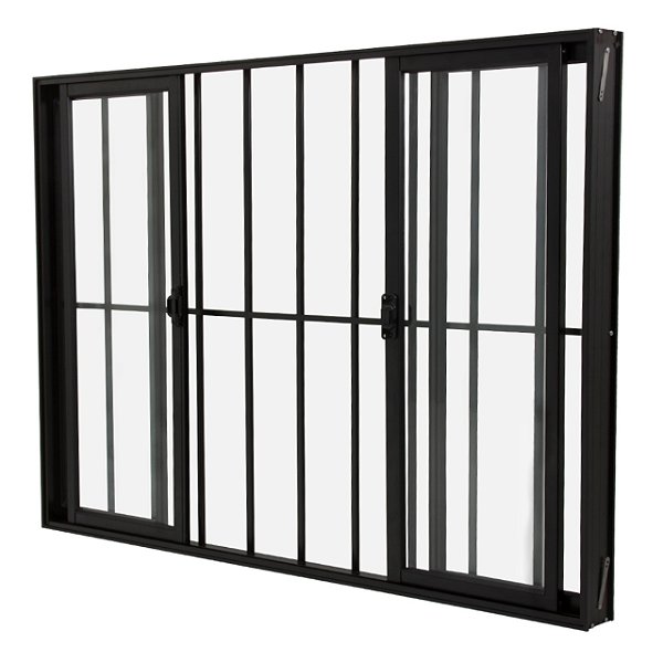 Janela de correr alumínio preto 4 folhas com grade vidro liso incolor linha 20