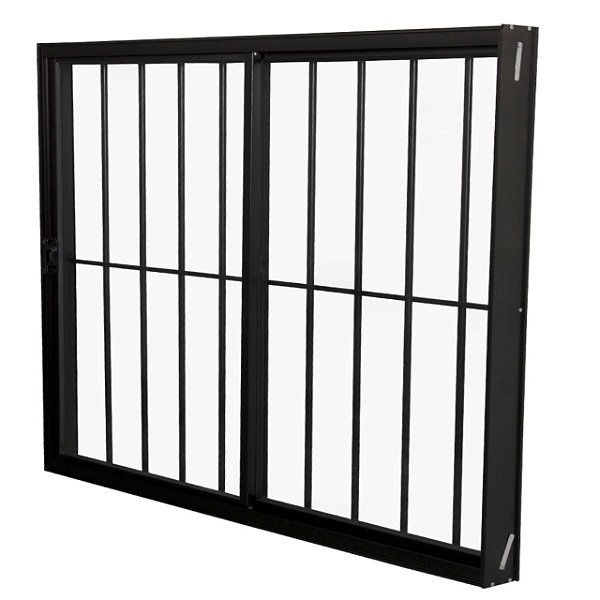 Janela de correr alumínio preto 2 folhas uma fixa com grade vidro liso incolor linha 20