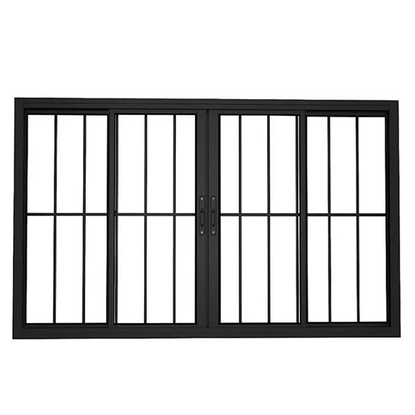 Janela de correr alumínio preto 4 folhas com grade vidro liso incolor linha premium lux esquadrias