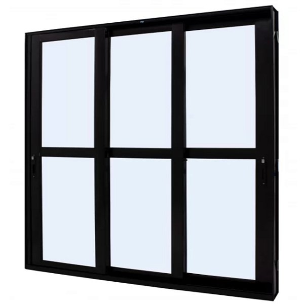 Porta de correr alumínio preto 3 folhas móveis vidro liso incolor com fechadura - jap perfecta max