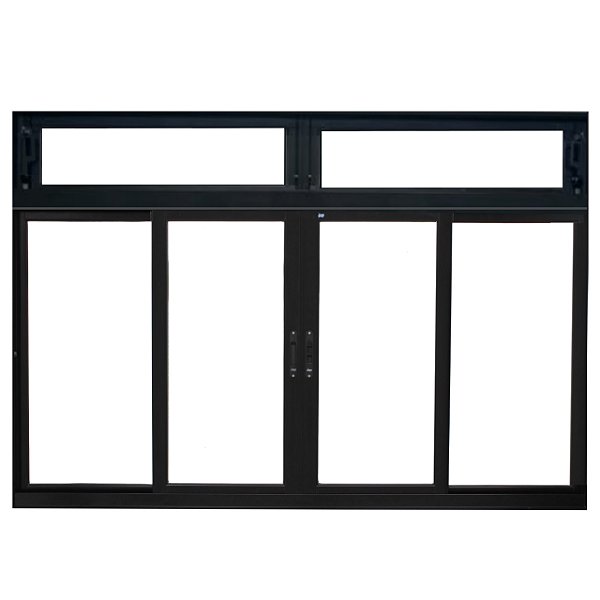 Janela de correr alumínio preto 4 folhas com bandeira sem grade vidro liso incolor - jap caribe max