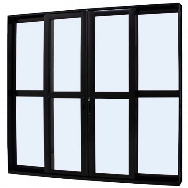 Porta de correr alumínio preto 4 folhas vidro liso incolor com fechadura - jap perfecta max