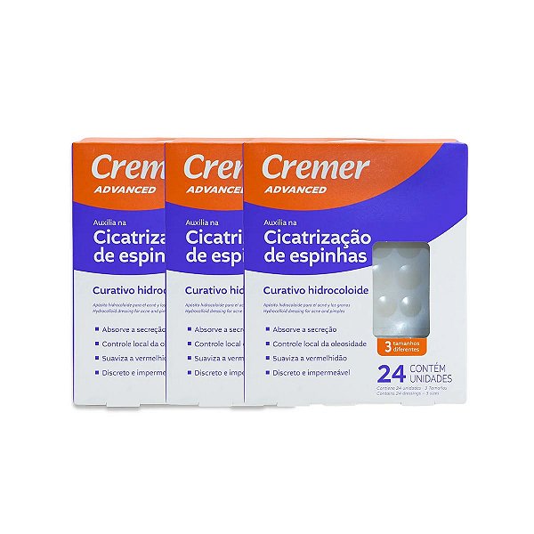 3 Curativos Hidrocoloide Acnes e Espinhas 24un Cada Cremer