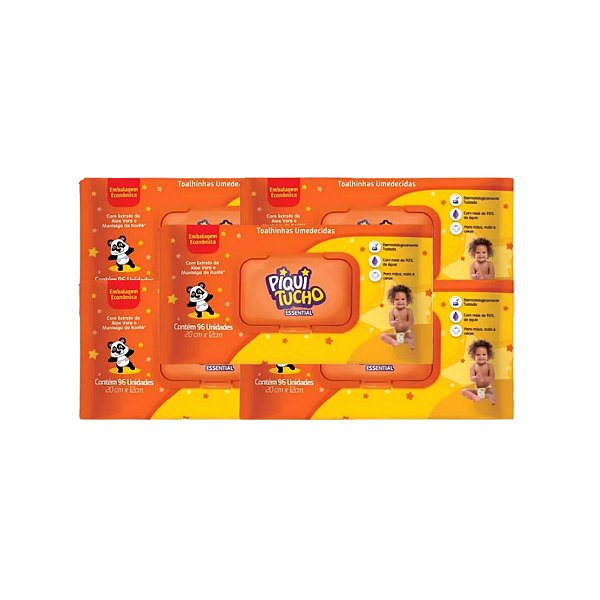 Kit 5 Toalha Umedecida Piquitucho Essential 96 Unidades Cada