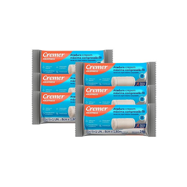 6 Atadura de Crepom Alta Compressão 1,80m x 8cm Cremer