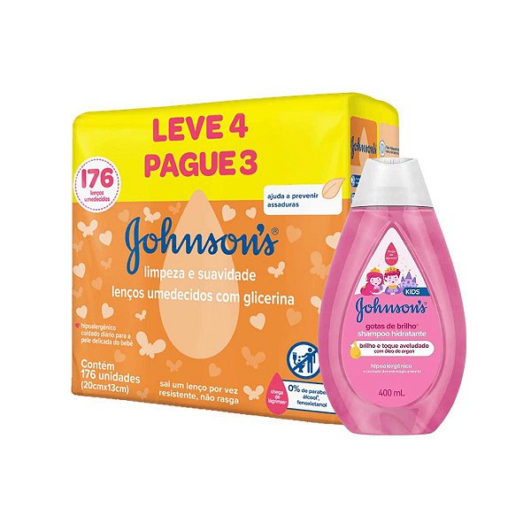 Kit Lenço umedecido e Shampoo Gotas de Brilho Johnsons