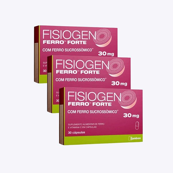Kit 3 Fisiogen Ferro Forte Suplemento Vitamina C 30 cápsulas
