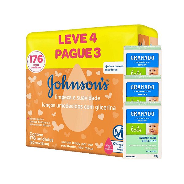 Kit Lenço Umedecido e 3 Sabonete Barra Erva Doce Granado