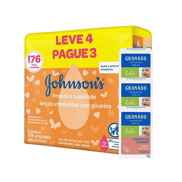 Kit Lenço Umedecido e 3 Sabonete Barra Calêndula Granado