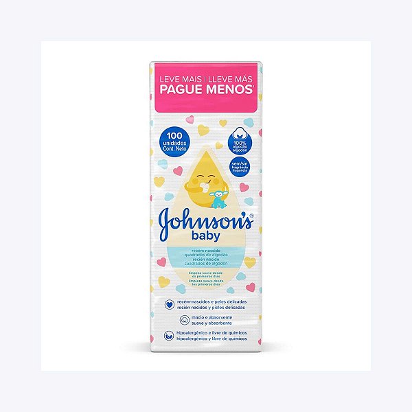 Algodão Johnson's Baby Quadrado 100 Unidades sem Fragrância