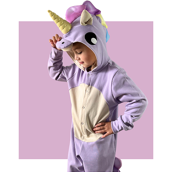 Pijama Fantasia Unicórnio Inverno em Algodão Infantil e Adulto Lilás