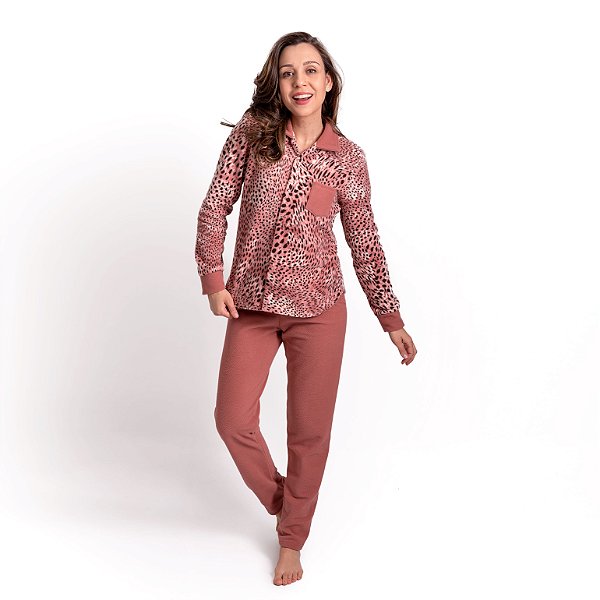 Pijama Soft Inverno Feminino Com Abertura Frontal Botões e Gola Onça Rosa
