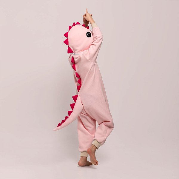 Pijama Fantasia Dinossauro Inverno em Microsoft Infantil e Adulto Rosa