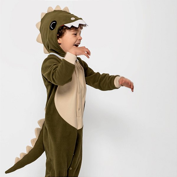 Pijama Fantasia Dinossauro Inverno em Microsoft Infantil e Adulto Verde Musgo