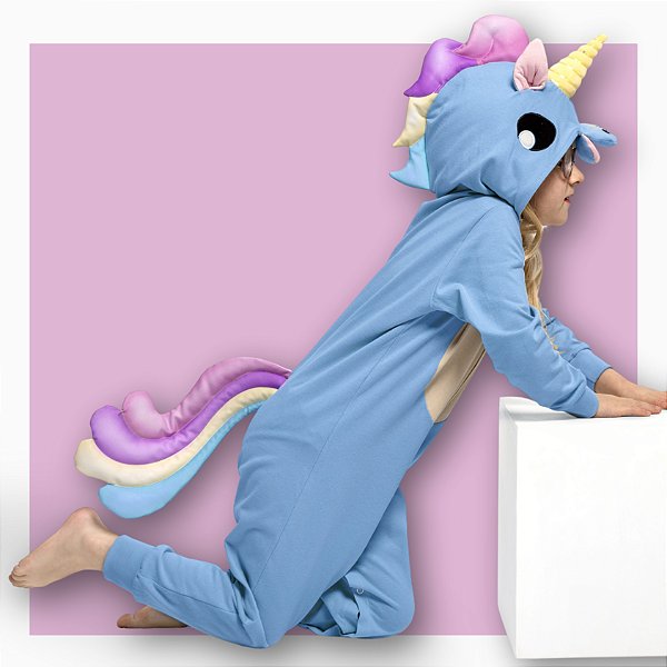 Pijama Fantasia Unicórnio Longo em  Malha Leve INFANTIL  e ADULTO Azul