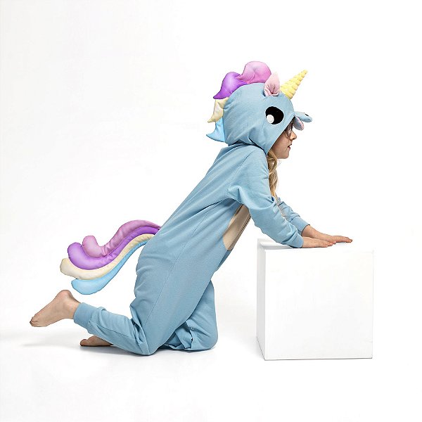 Pijama Fantasia Unicórnio Inverno em Algodão Infantil e Adulto Azul