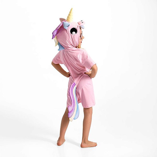 Pijama Fantasia Unicórnio Verão em Malha Leve Infantil e Adulto Rosa