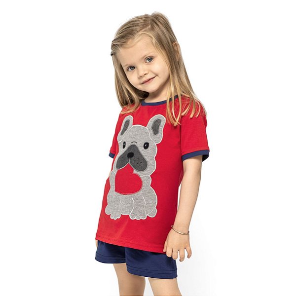 Pijama Algodão Curto Verão Bulldog Francês Infantil Feminino Vermelho