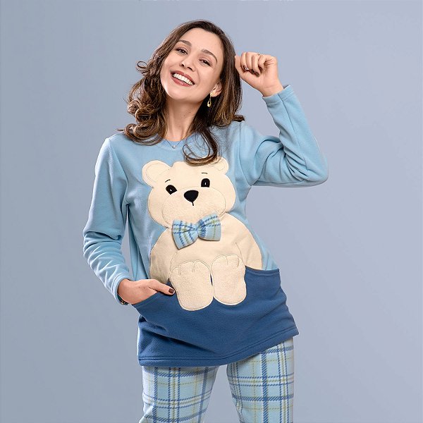 Pijama Soft Inverno Feminino Urso Polo Xadrez Azul
