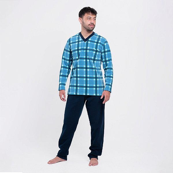 Pijama Masculino Soft Inverno Gola V Xadrez Azul Marinho