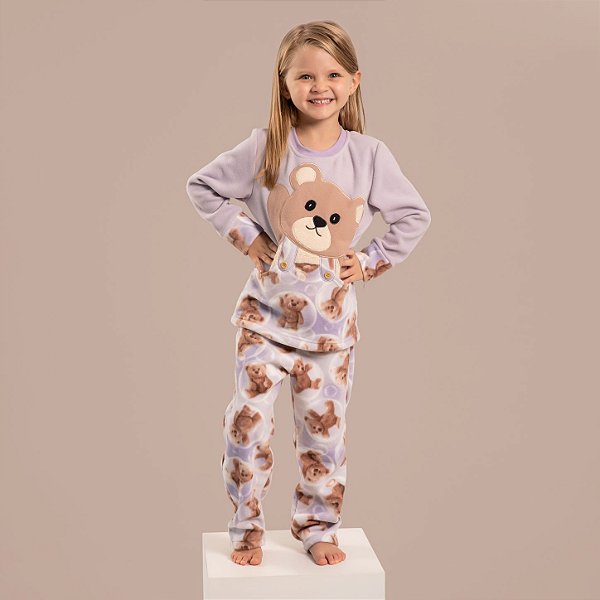 Pijama Feminino Longo Soft Urso com Bolso Lilás Mãe e Filha INTANTIL