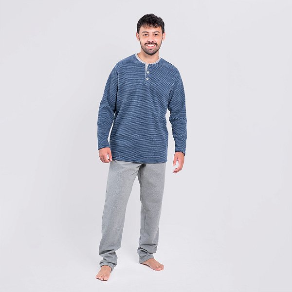 Pijama Masculino Longo Soft Polo Azul e Cinza Casal - Adoro Pijamas