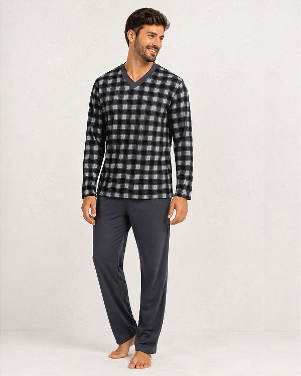 Pijama Masculino Longo em Microsoft Xadrez Cinza Escuro
