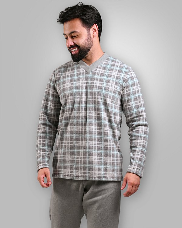 Pijama Masculino Longo Soft Xadrez Cinza com Verde Modelo Casal
