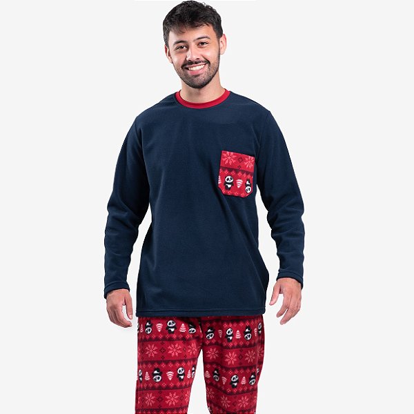Pijama Masculino Longo Soft Urso Panda Vermelho Família PAI