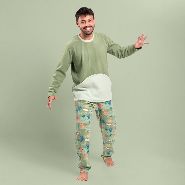Pijama Maculino Longo Soft Com Bolso Dinossauro Verde Família PAI